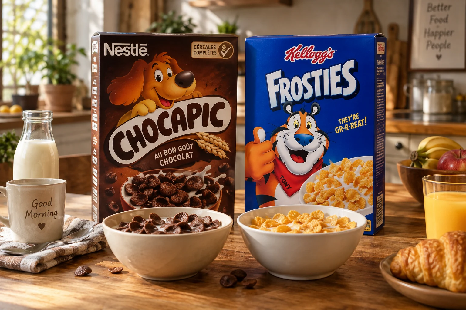 Scène reconstituée autour de Chocapic, Frosties, Trésor