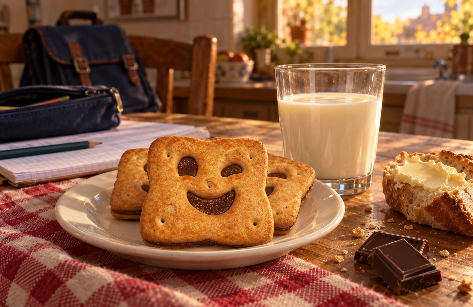 Biscuit souriant, lait et tartine dans une cuisine ensoleillée, scène reconstituée.