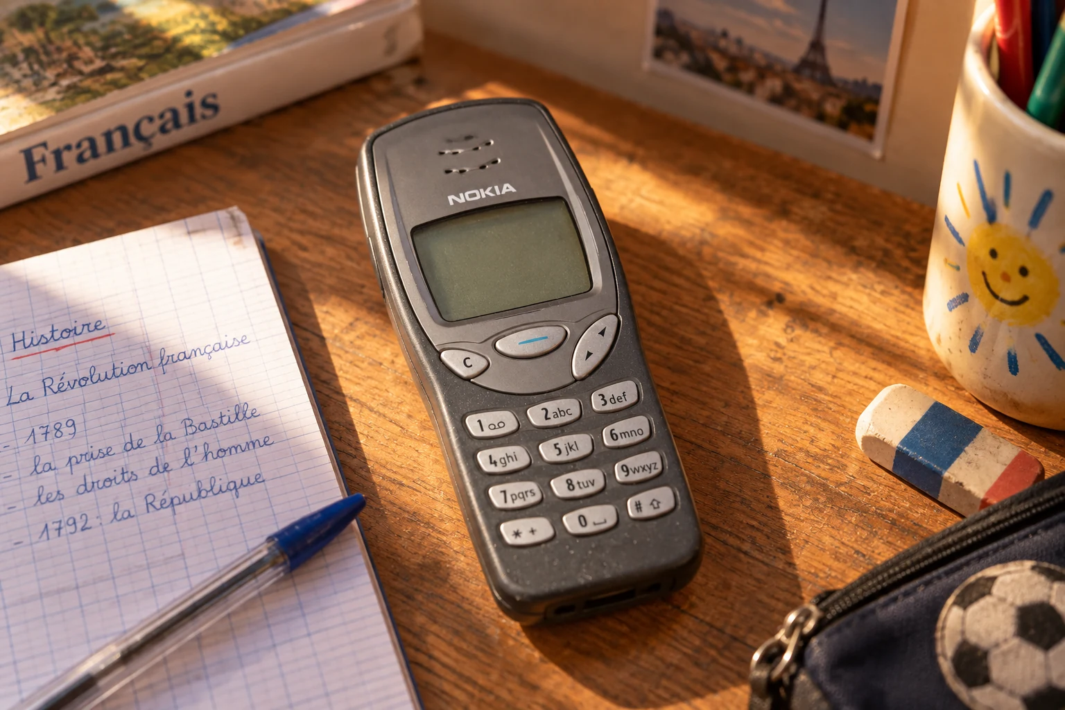 Scène reconstituée autour de Nokia 3210