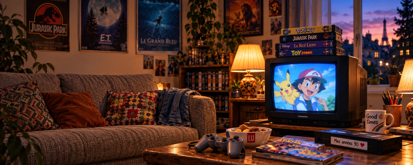 La lumière du soir, un canapé familier, un téléviseur cathodique et son magnétoscope.