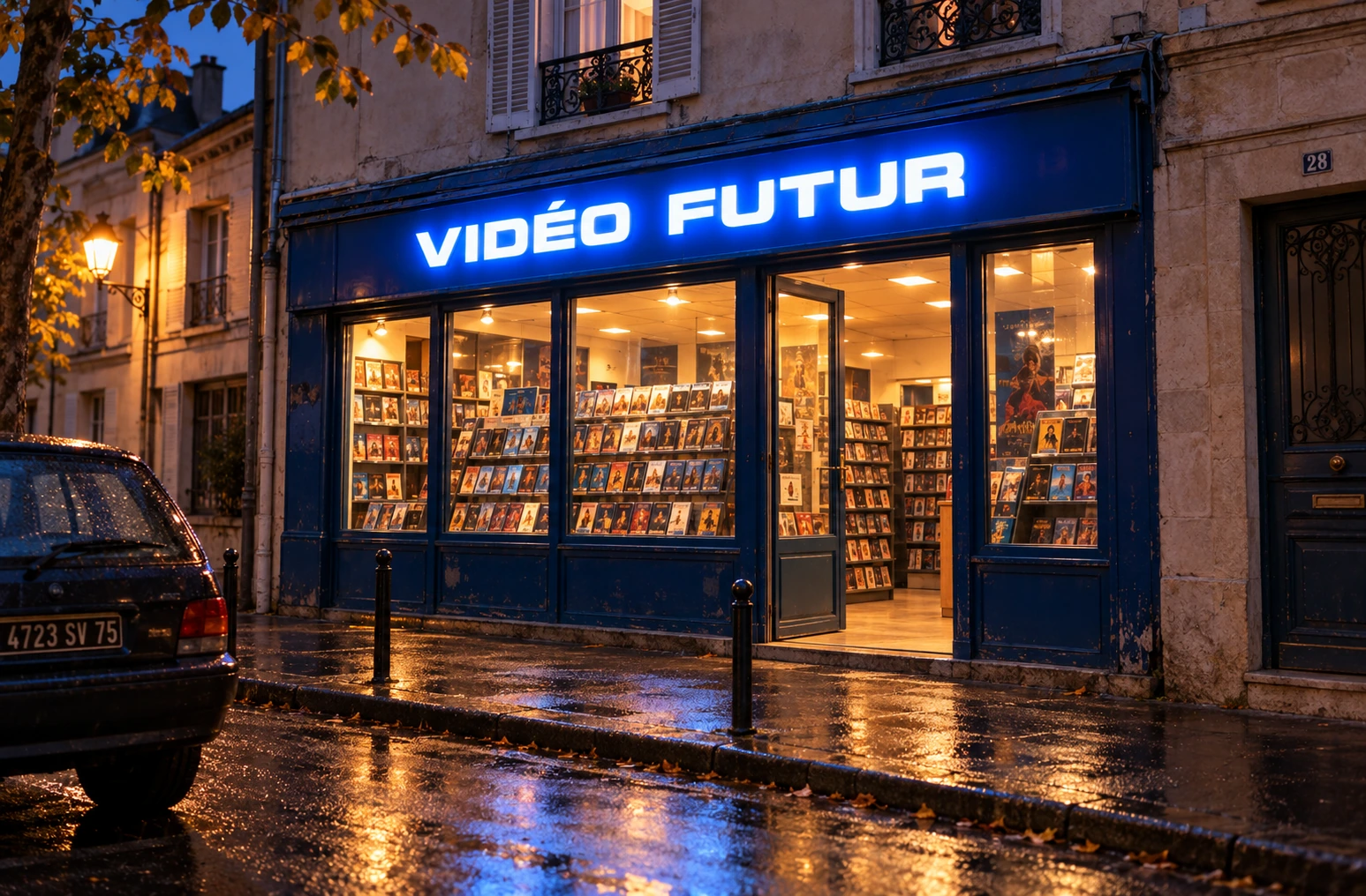 Une façade de vidéo-club à la nuit tombée, scène reconstituée.